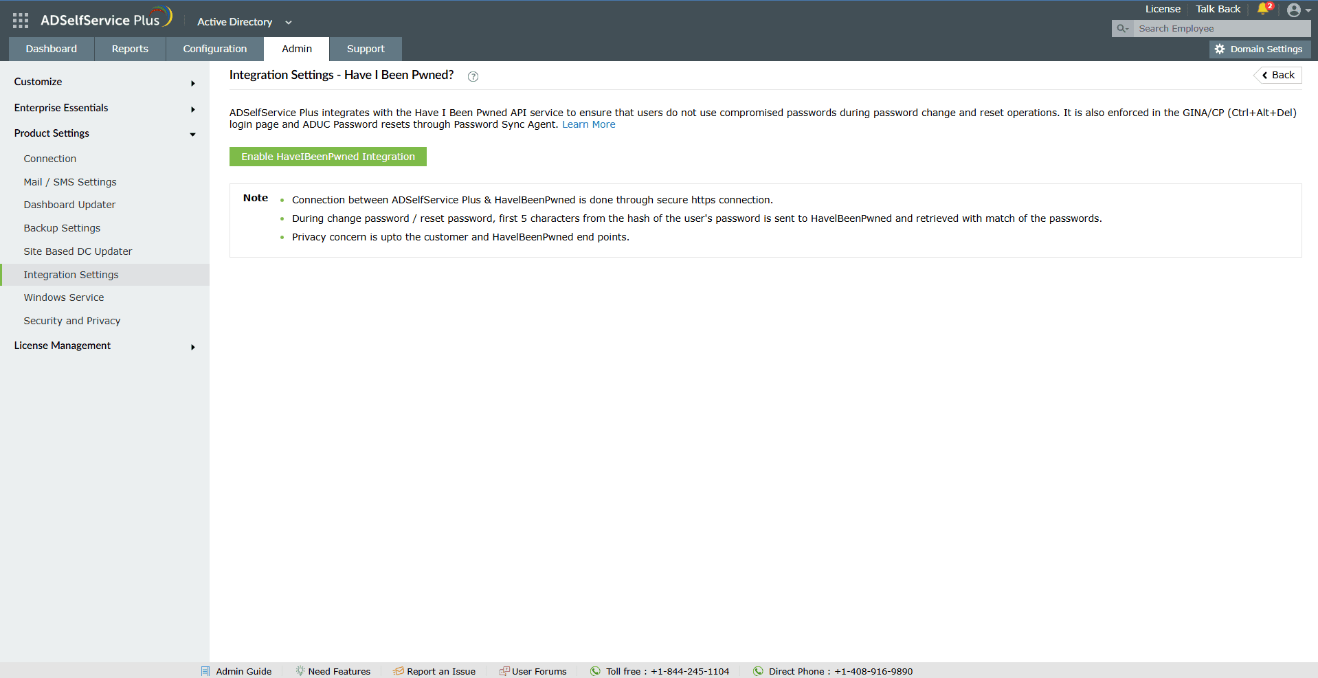 ADSelfService Plus's integration settings screen showing Have I Been Pwned configuration for compromised password detection.