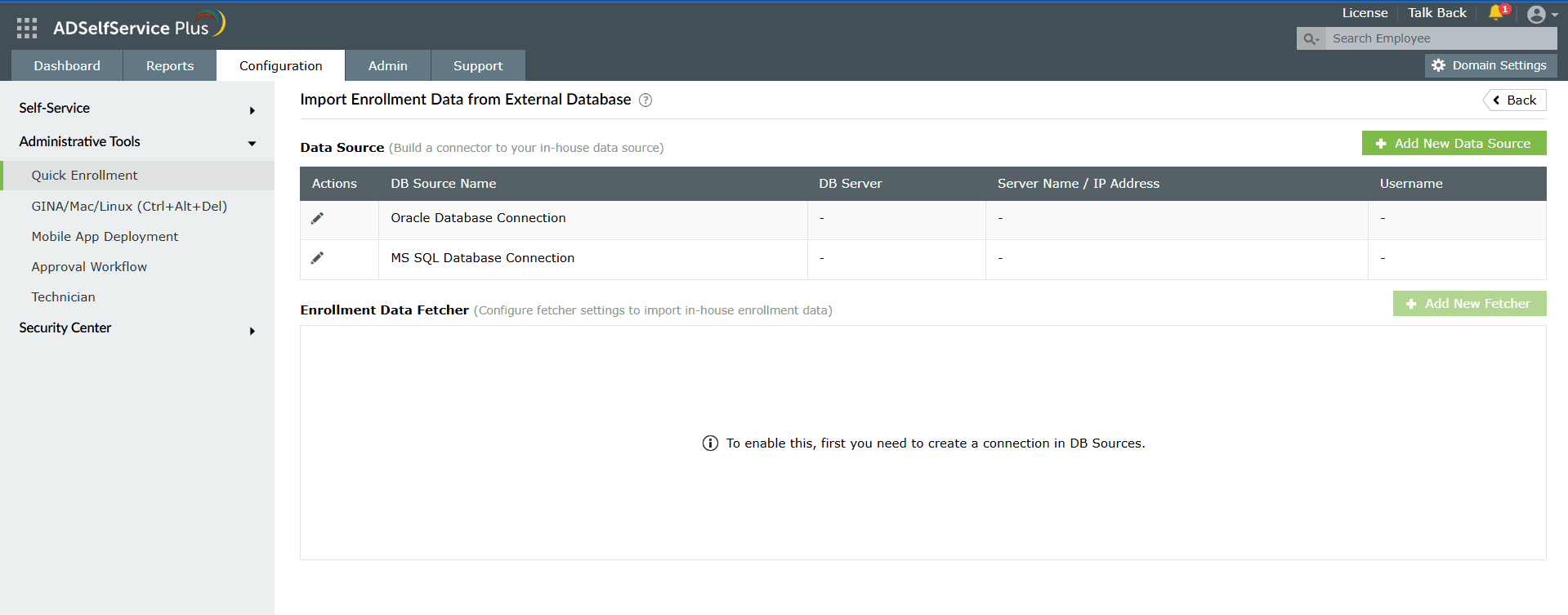 Screenshot of the ADSelfService Plus configuration page for MFA auto-enrollment with an external database.