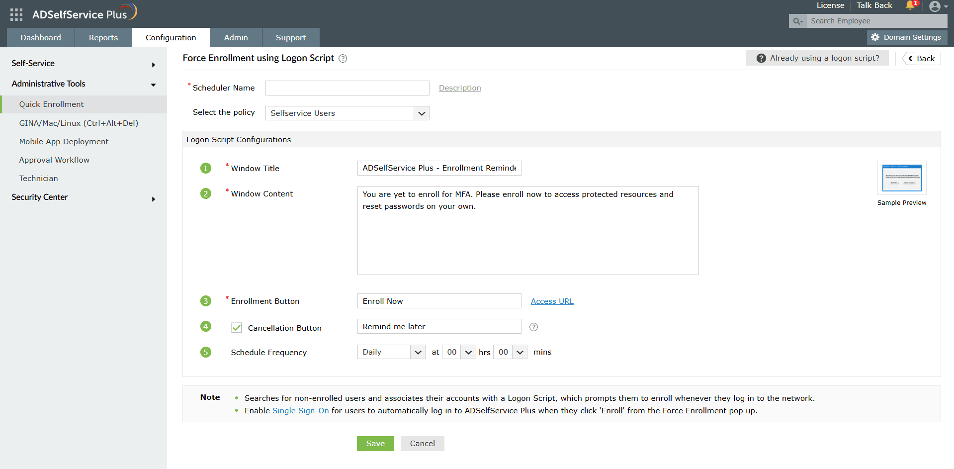 Screenshot of the configuration page for MFA enrollment using a logon script in ADSelfService Plus.