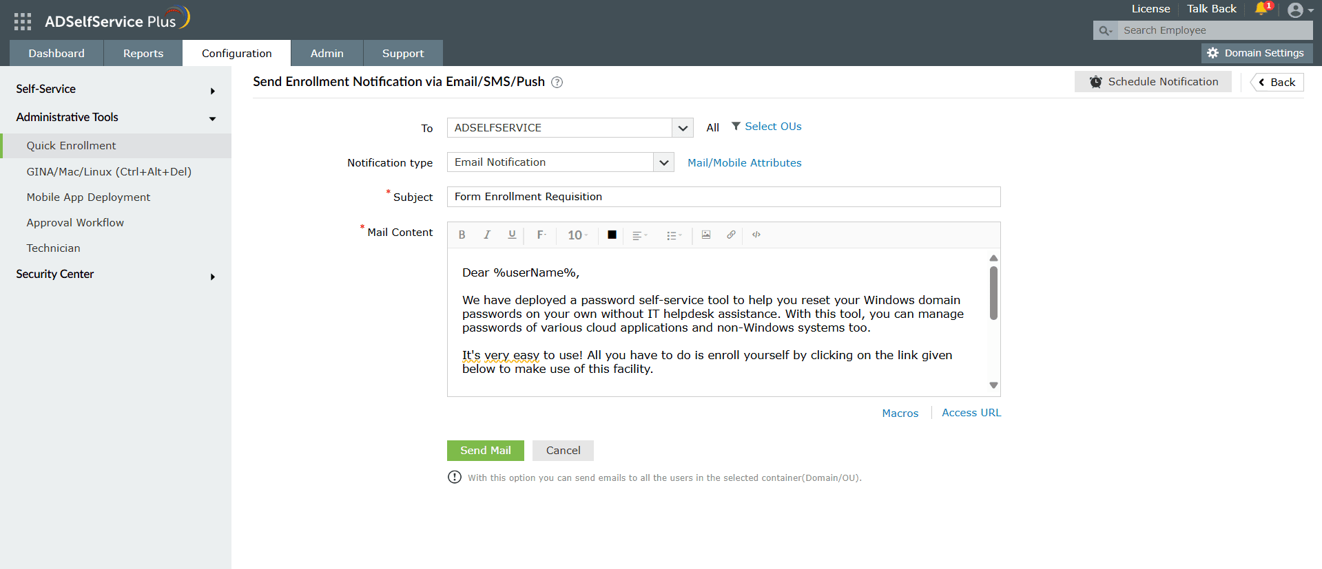 The ADSelfService Plus settings page to send MFA enrollment notifications via email, SMS, or push.
