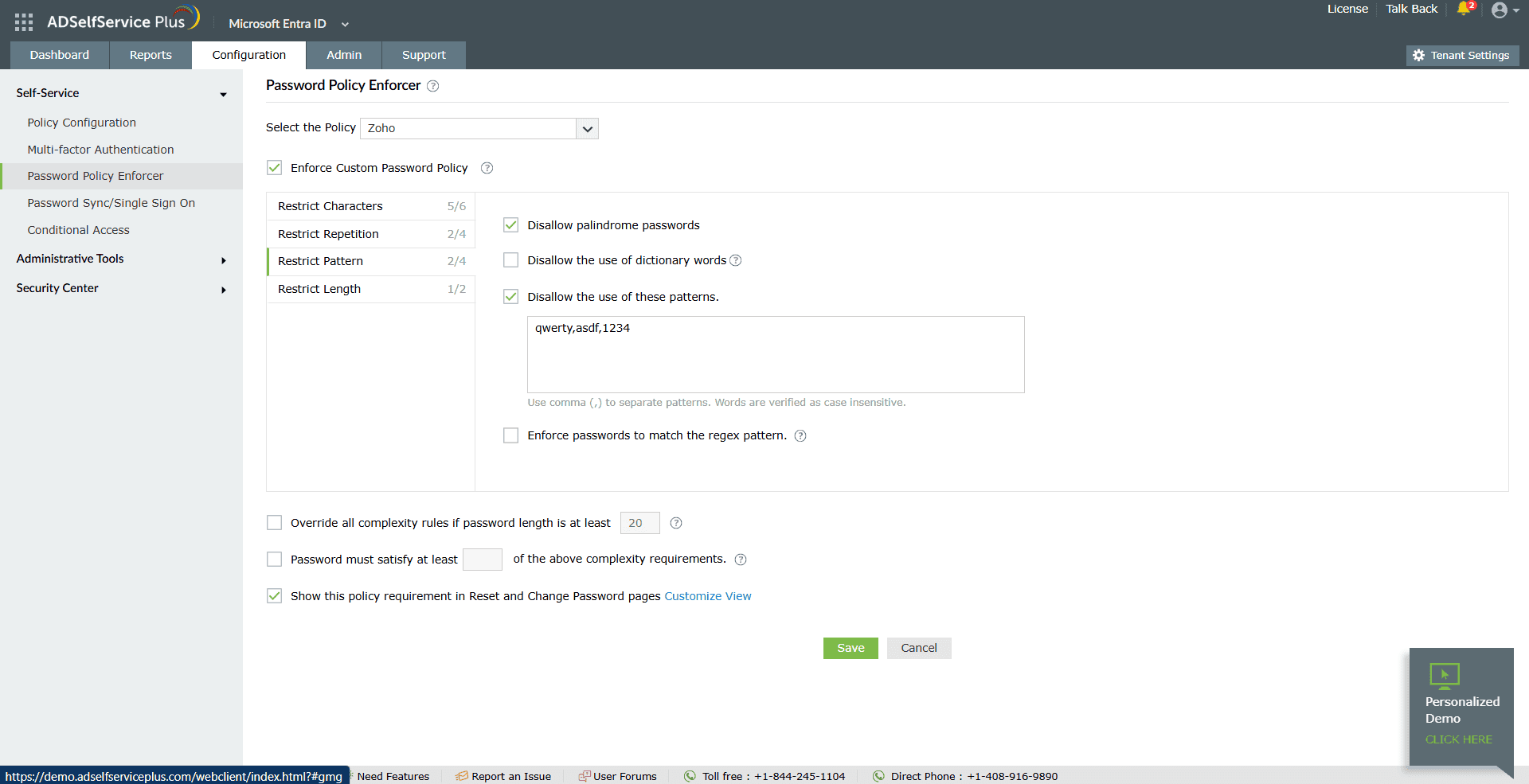 Entra ID Password Policy Enforcer settings for pattern restrictions