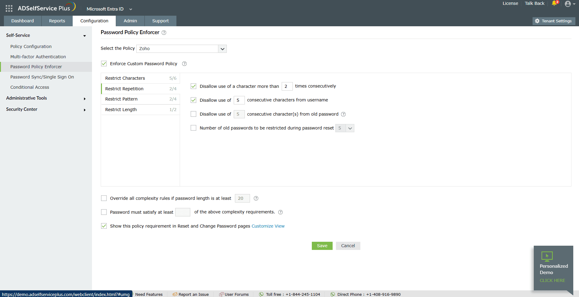 Entra ID Password Policy Enforcer settings for repetition restrictions