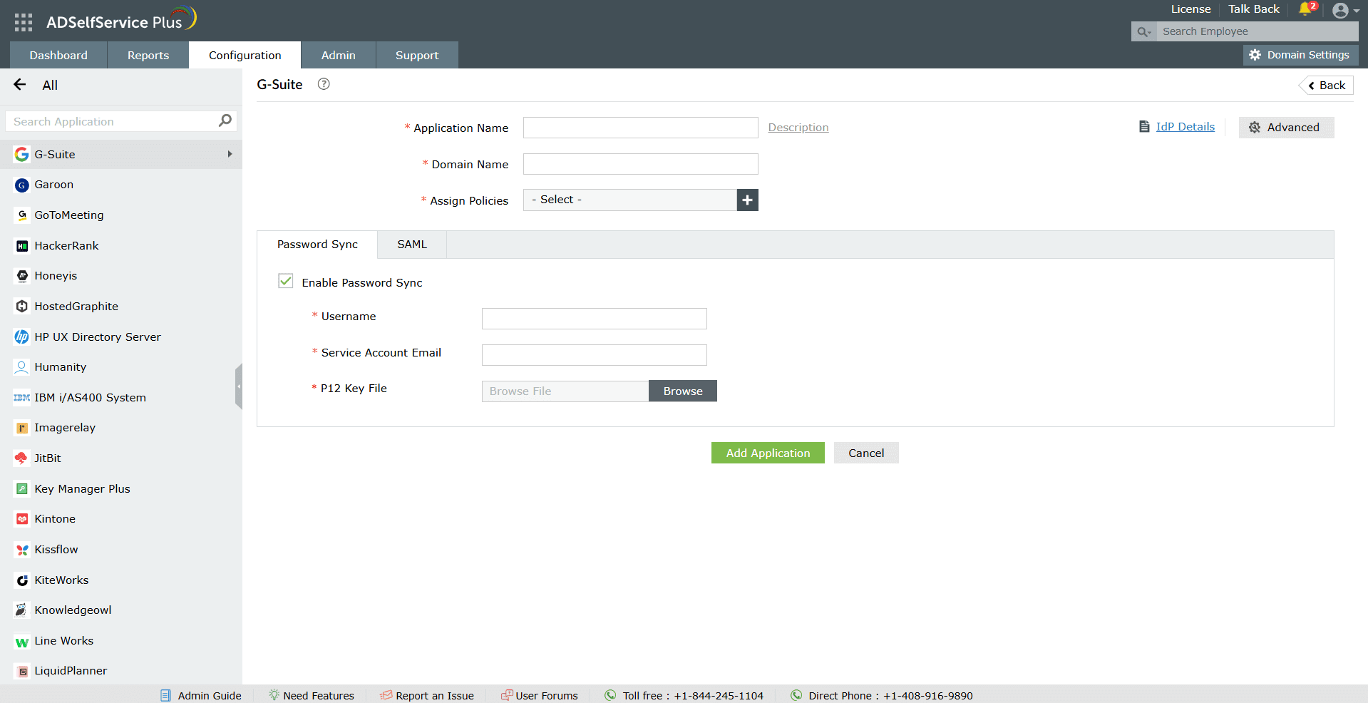 This is a screenshot of the Google Workspace password sync configuration page in ADSelfService Plus