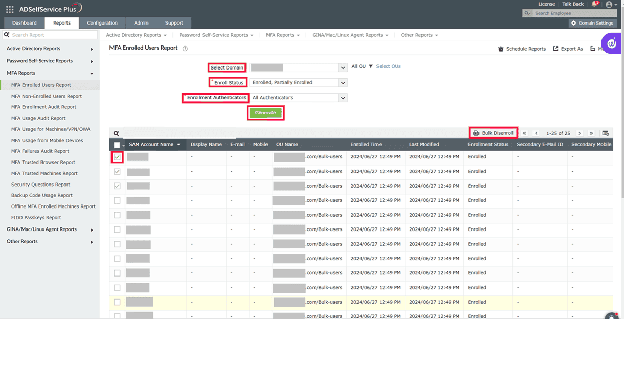 MFA Enrolled Users Report with the Bulk Disenroll option