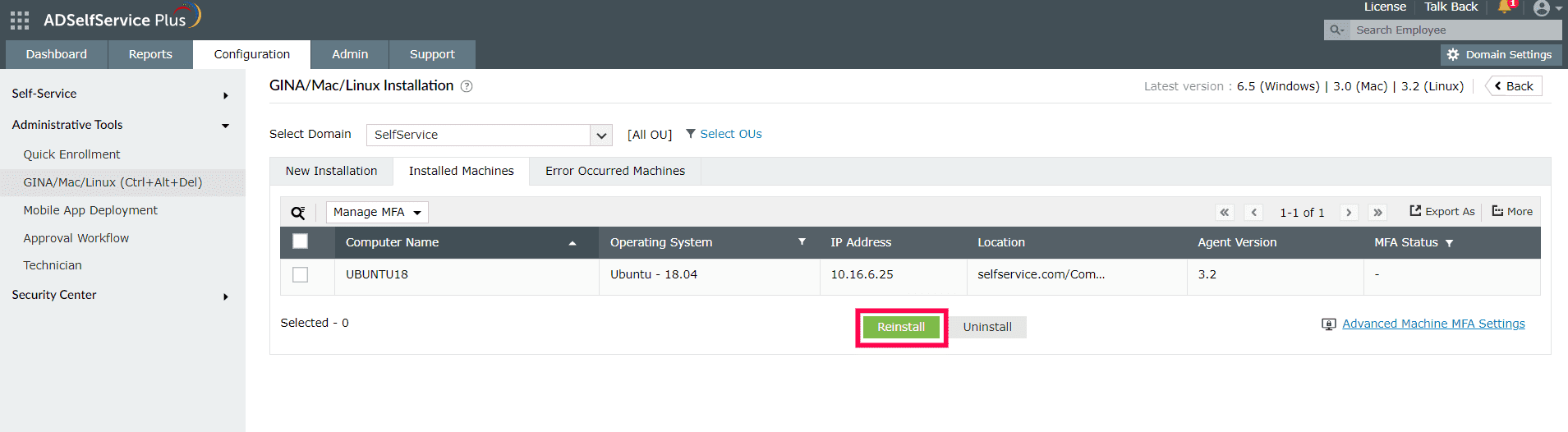Reinstallation via the ADSelfServicePlus admin portal