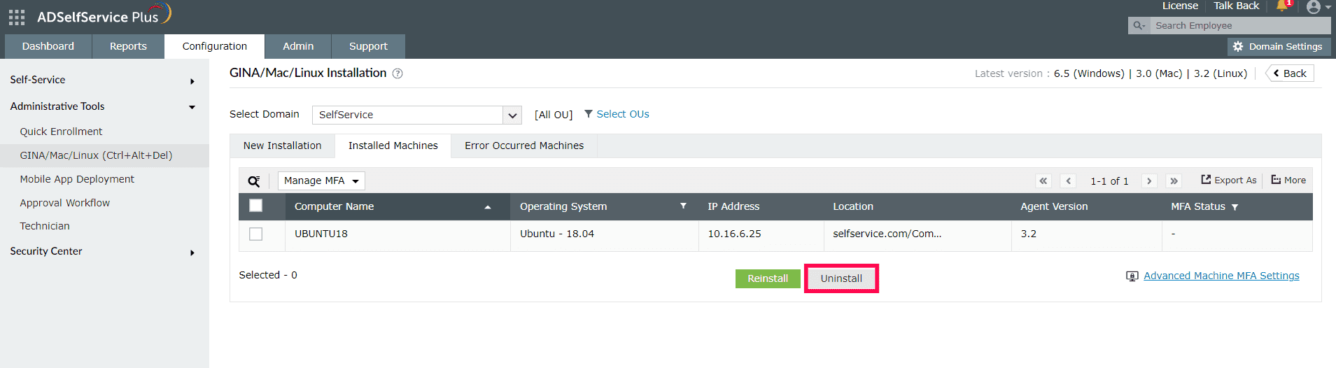 Uninstallation via the ADSelfService Plus admin portal