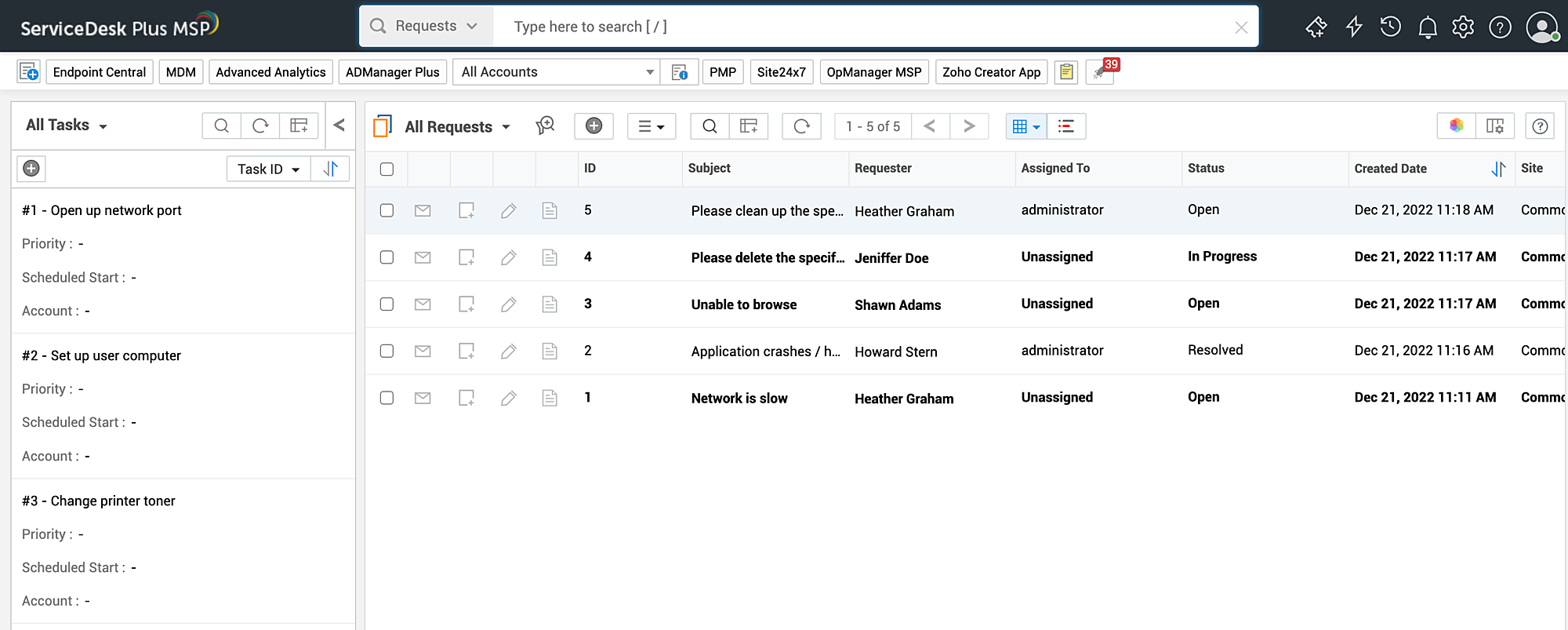 IT Help desk ticket management ServiceDesk Plus MSP Request List View
