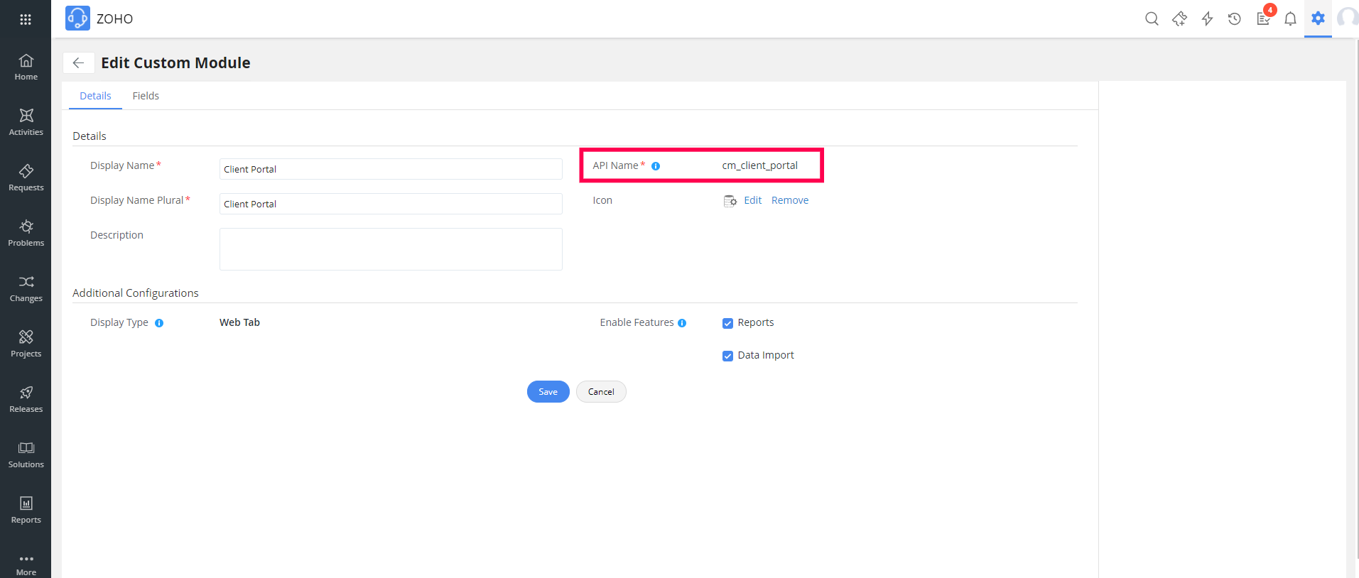 Screenshot of API Name