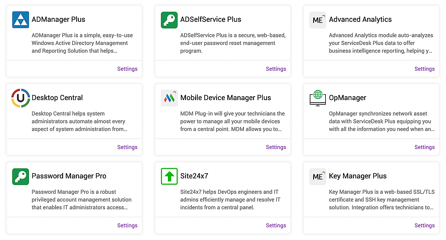 Built-in ManageEngine integrations