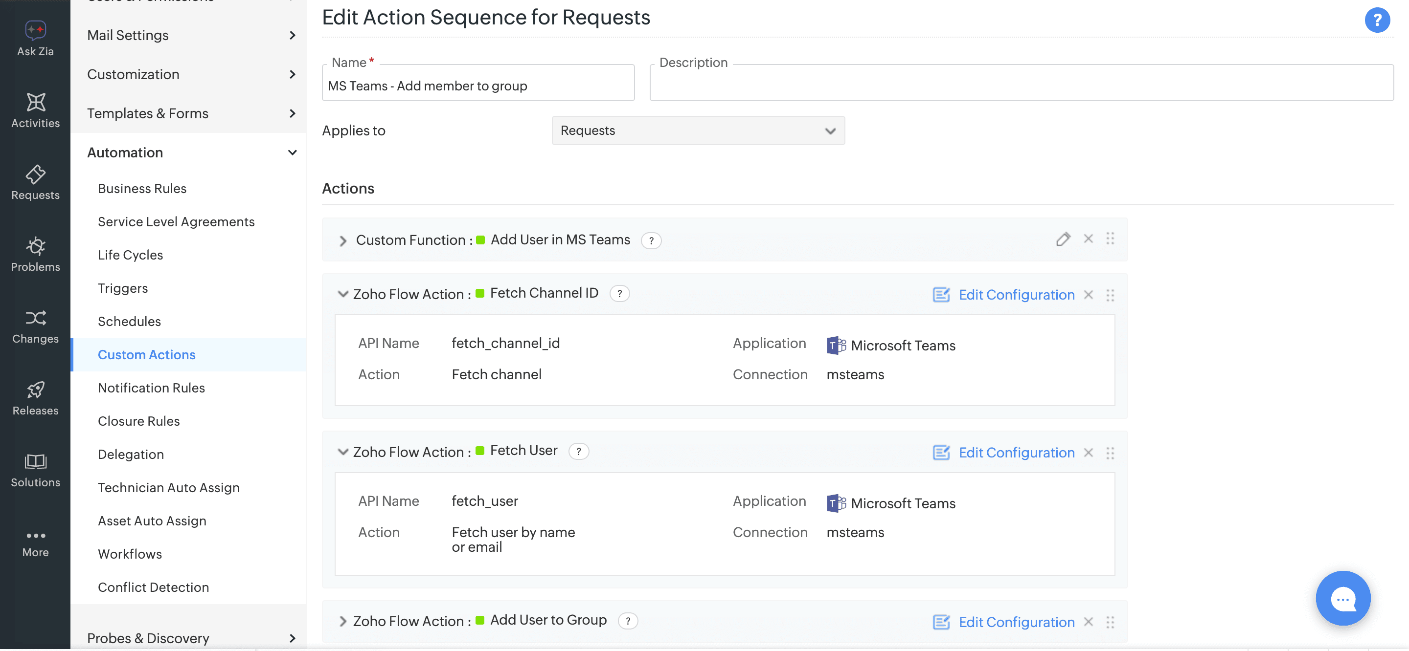 Zoho Flow Action workflows for ITSM Zoho Flow Action and Action Sequences