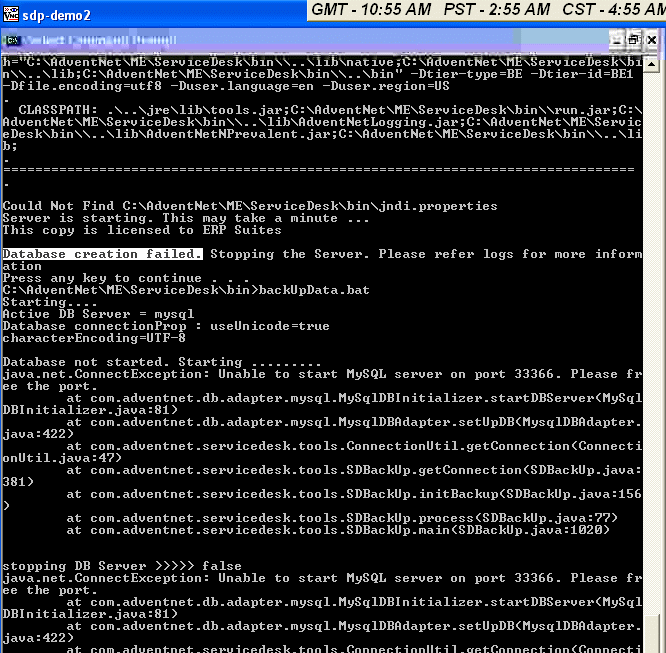 ServiceDesk Plus not starting : MYSQL database creation failed