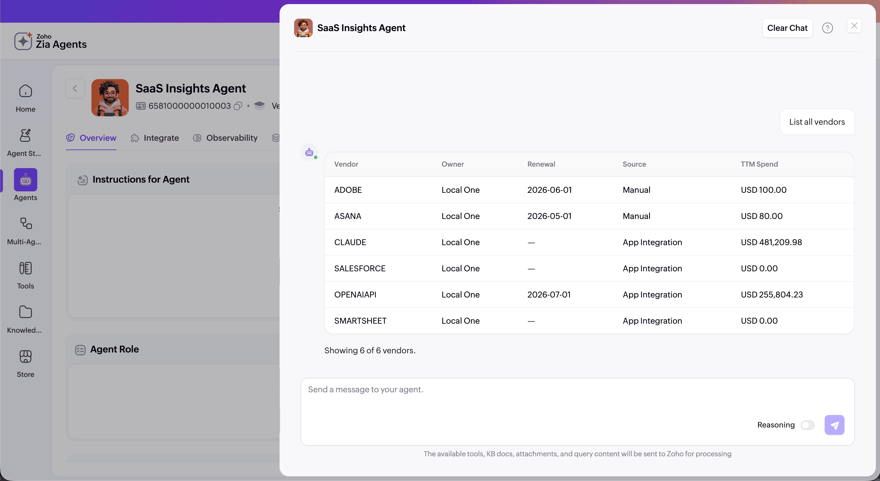 SaaS Insights Agent answering a vendor question with vendor, owner, renewal, source, and spend data.