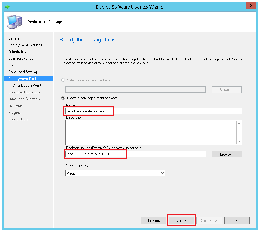 Specify the deployment package details with ManageEngine SCCM deployment