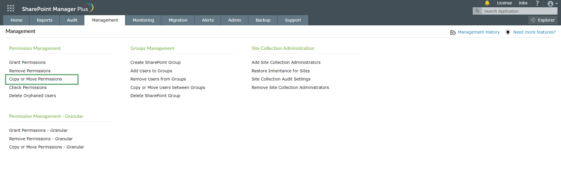 Navigating to the Copy or Move Permissions feature in SharePoint Manager Plus 