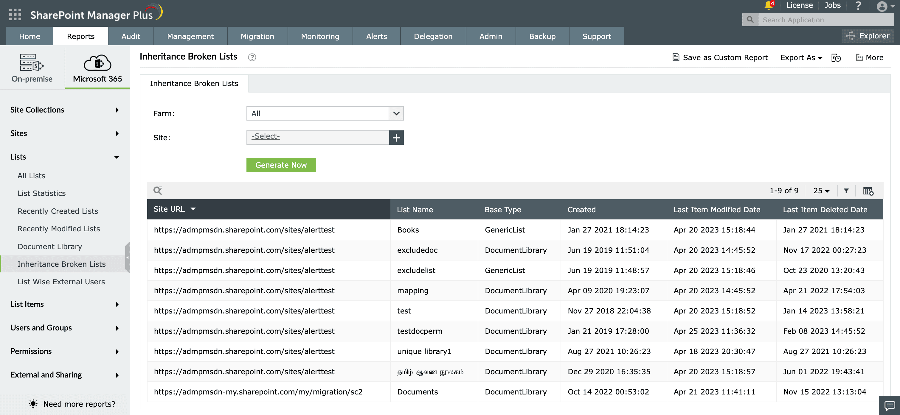 The Inhertiance Broken Lists report in SharePoint Manager Plus.