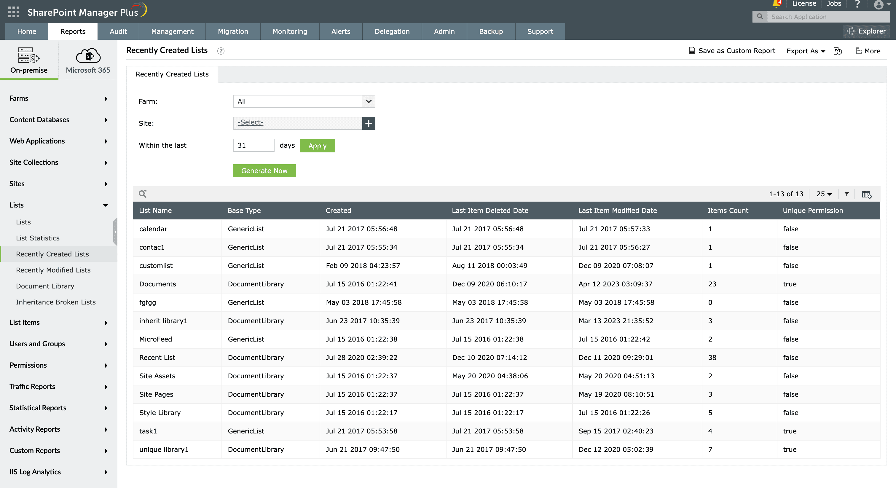 The Recently Created Lists report generated in SharePoint Manager Plus.