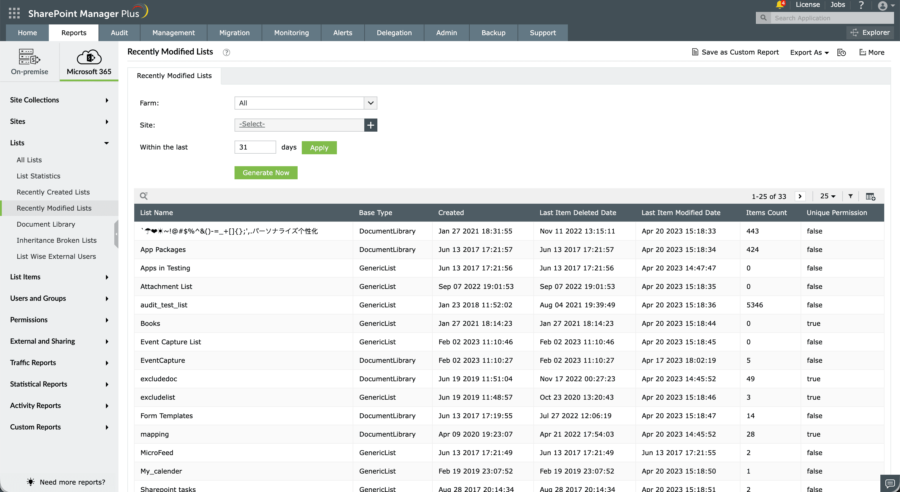 The Recently Modified Lists report in SharePoint Manager Plus