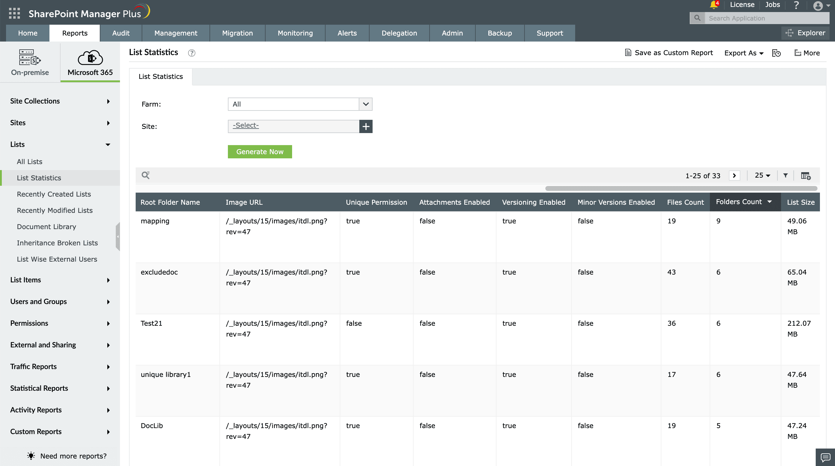 The List Statistics report generated in SharePoint Manager Plus.
