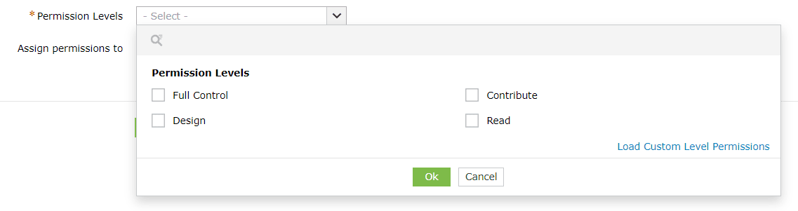An image showing different permission levels to be assigned using SharePoint Manager Plus