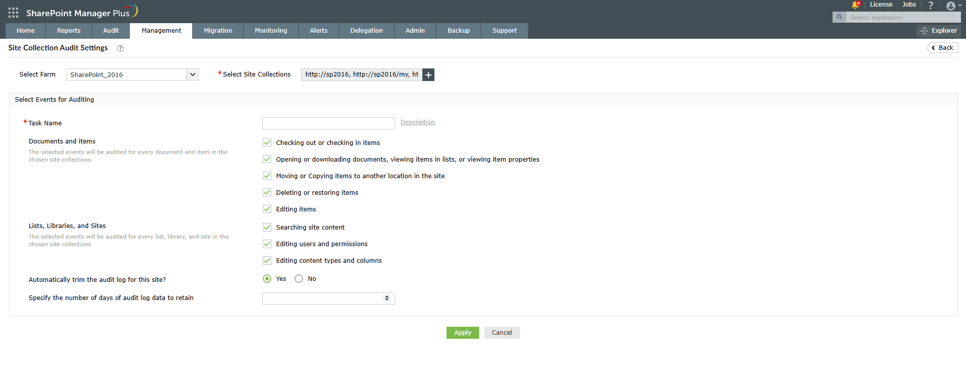 Configuring site collection audit settings in SharePoint Manager Plus
