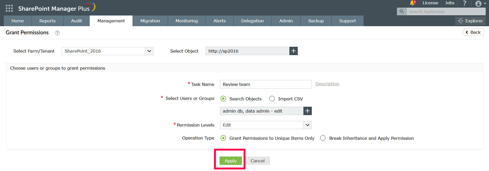 Applying permissions to grant access to a SharePoint folder in SharePoint Manager Plus