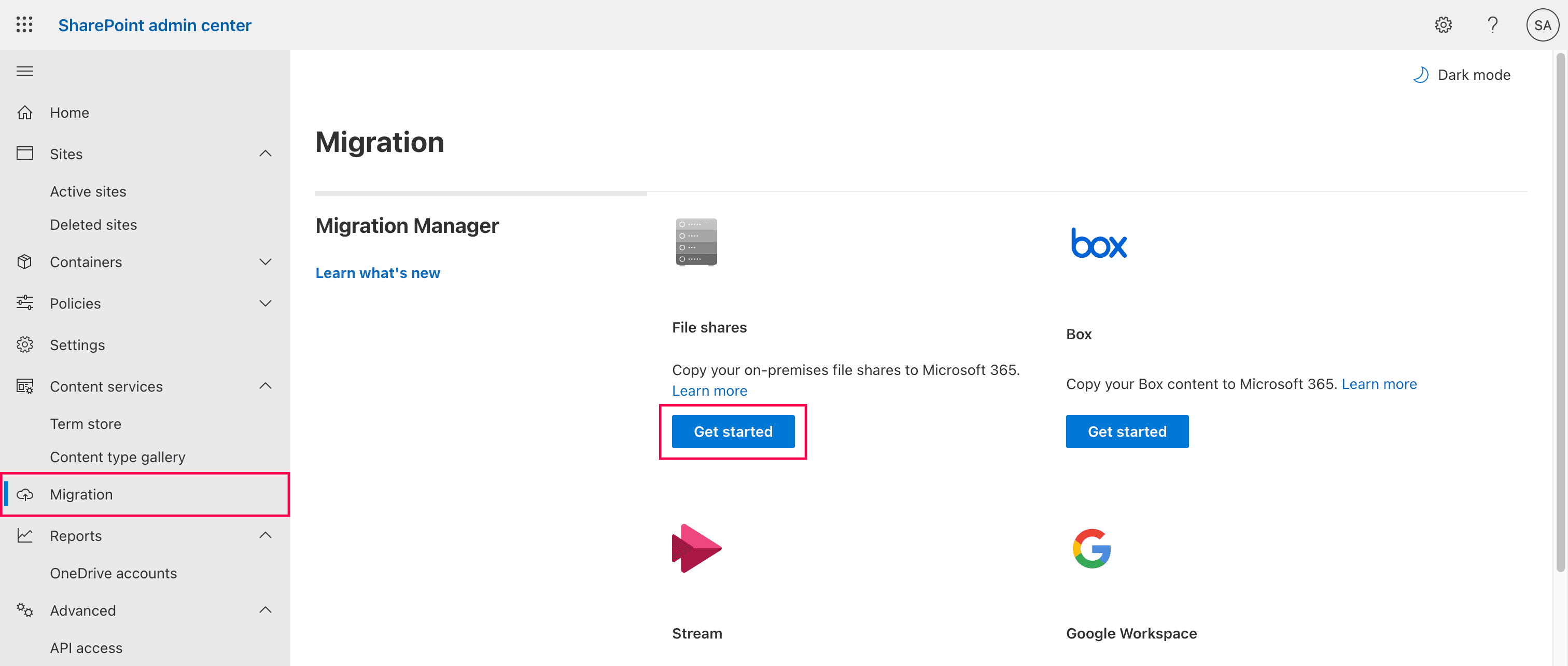 Navigating to the Migration Manager in SharePoint admin center.