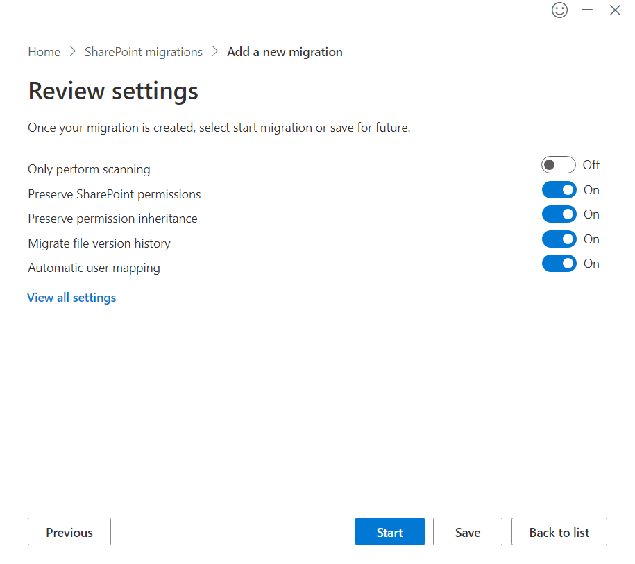 Reviewing SharePoint Online migration settings in the SharePoint Migration Tool.