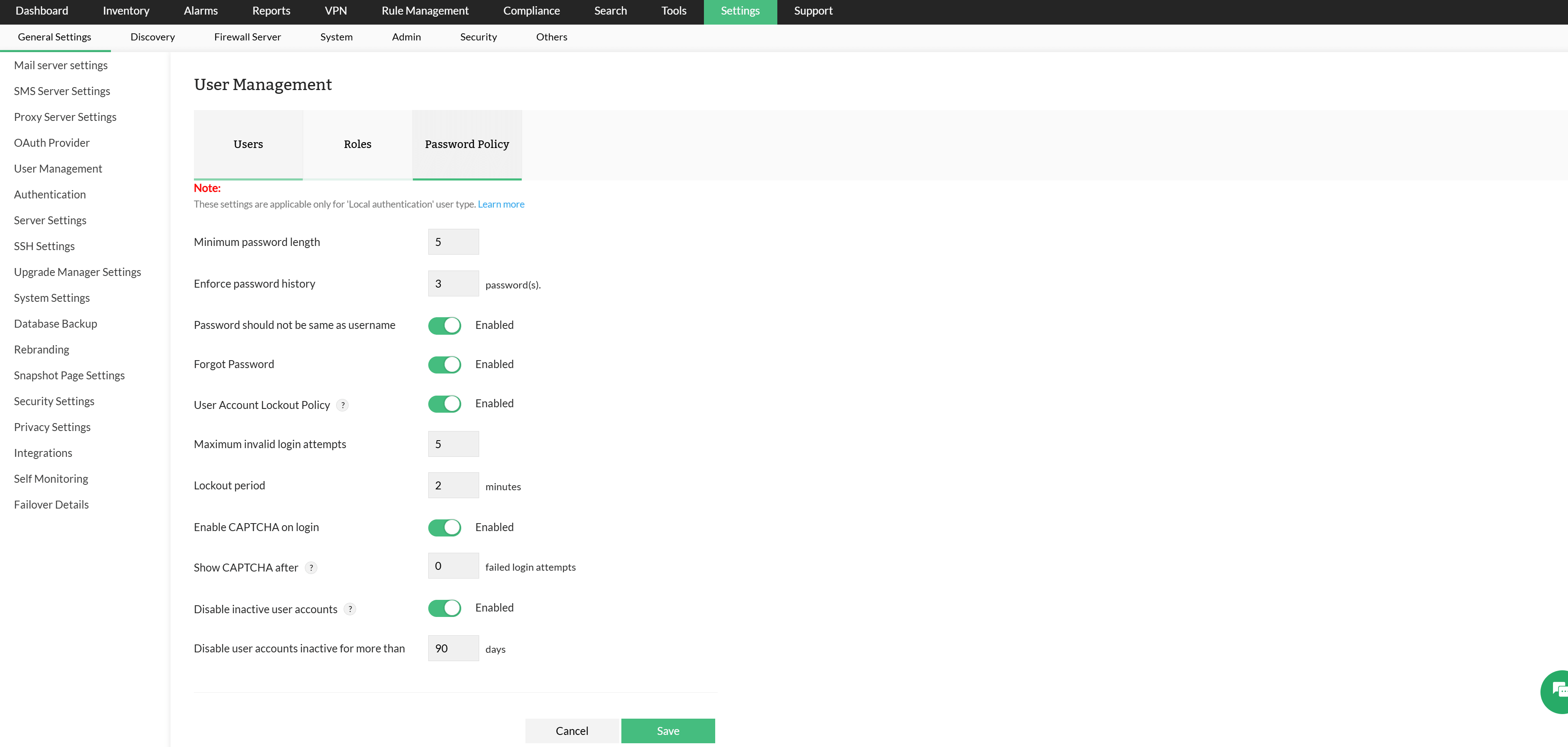 Password policy in OpManager: Password policy under user management