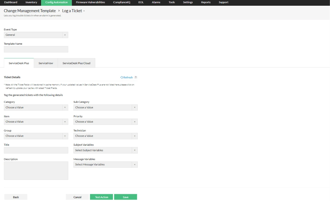 Log a Ticket template in NCM