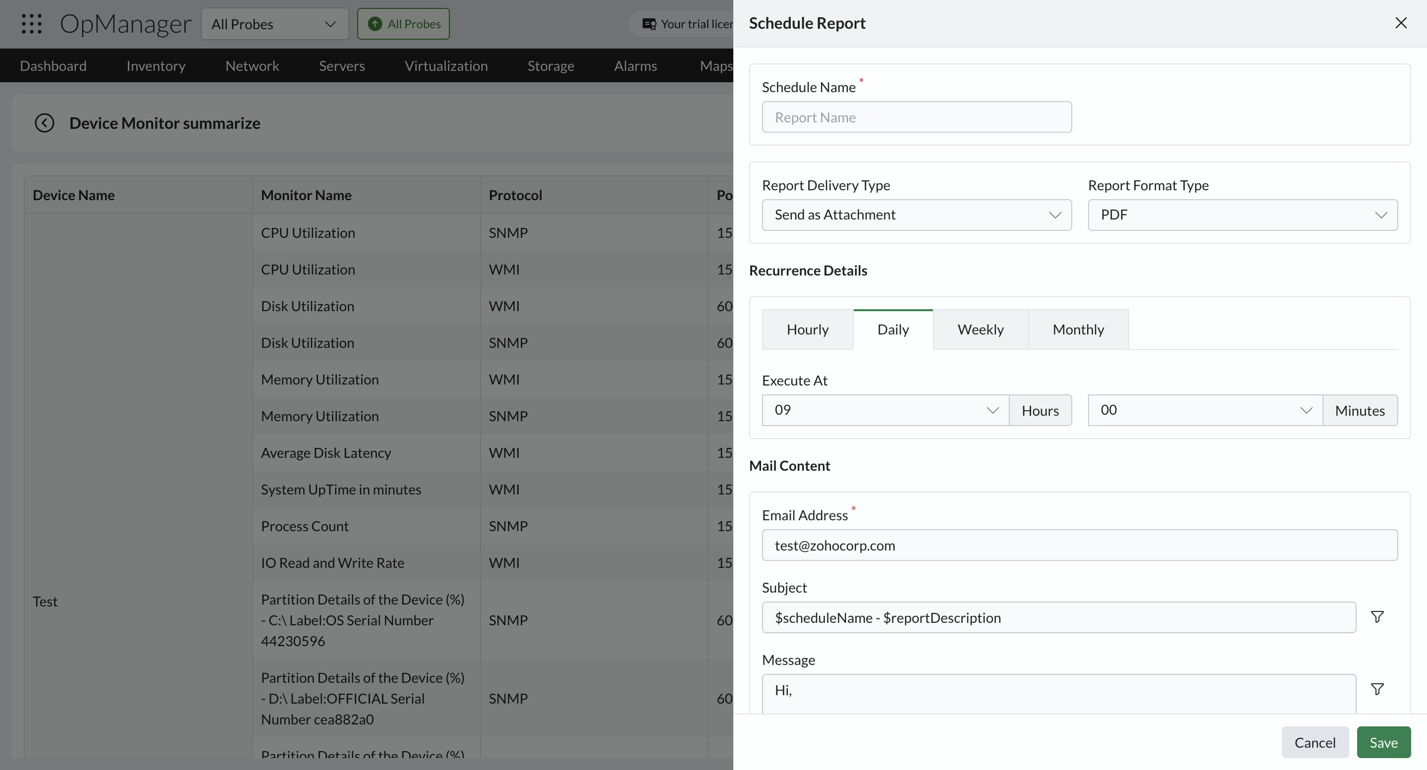 OpManager advanced reports: Schedule advanced reports