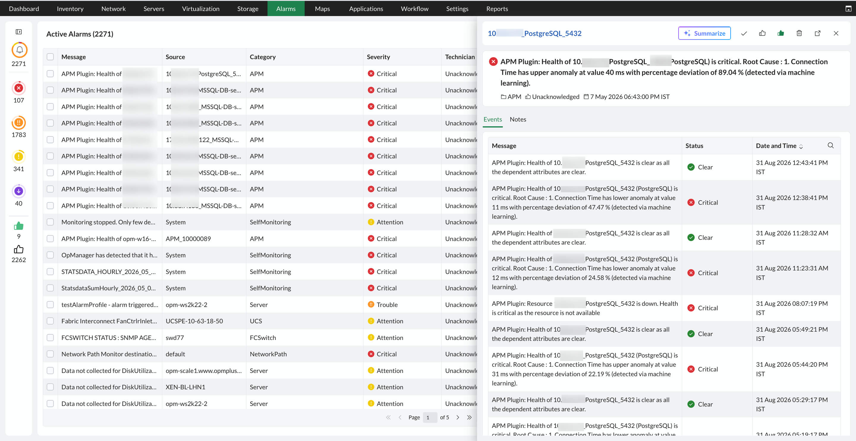 Screenshot of add-on alarms tabs (NFA, NCM, Firewall) under the Alarms tab in OpManager