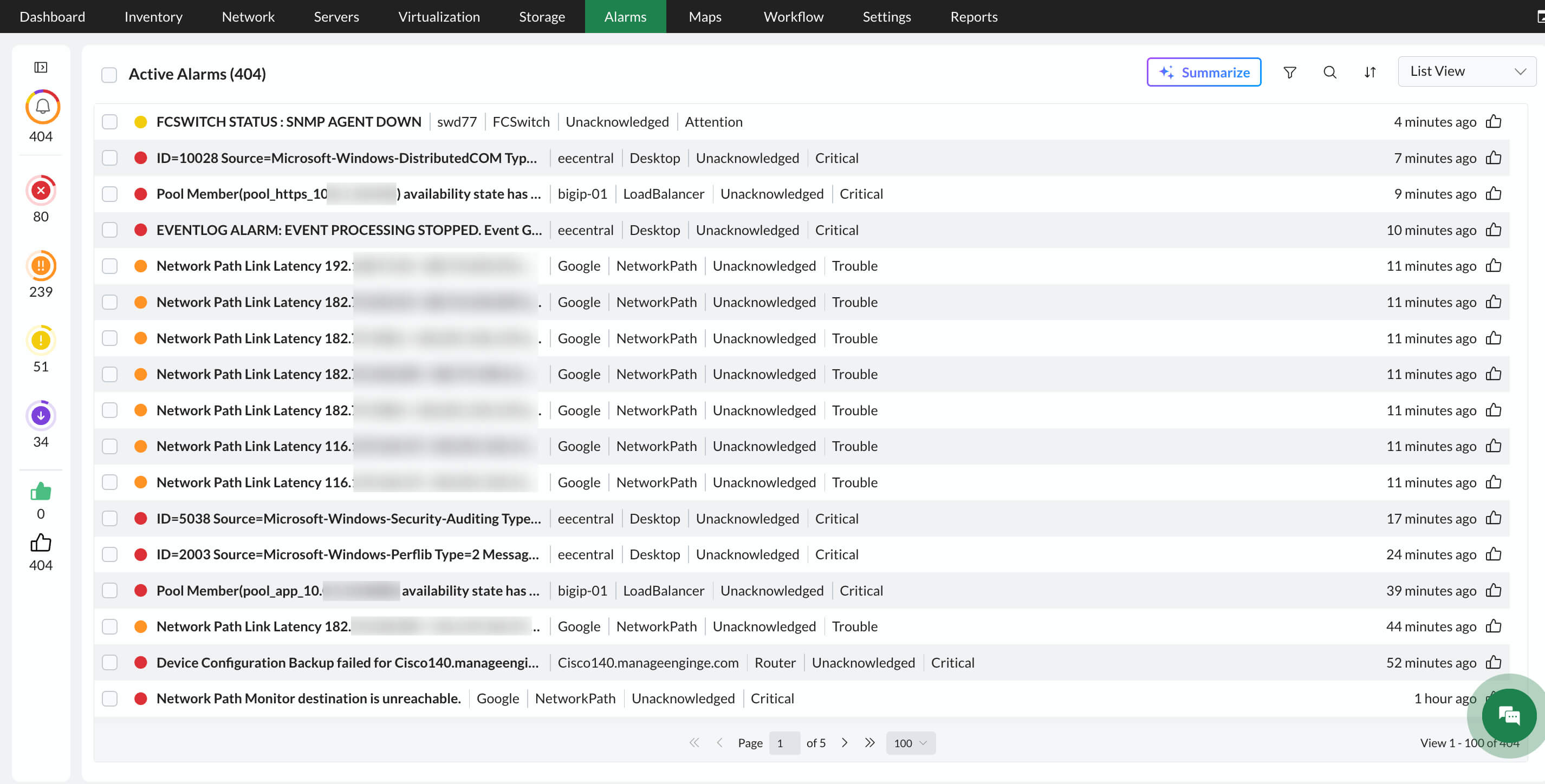 All alarms Alarms and notifications in OpManager: All alarms list