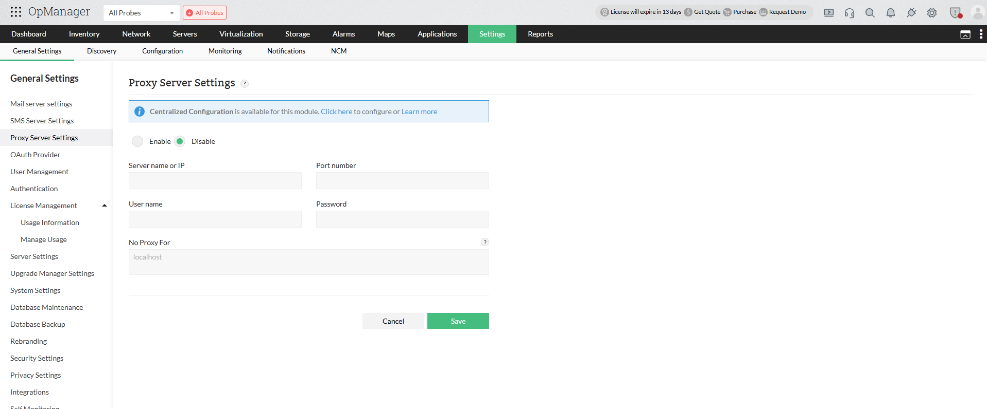 centralized_configuration_opmanager Optimised features in OpManager to monitor large scale networks: All probes system setting page