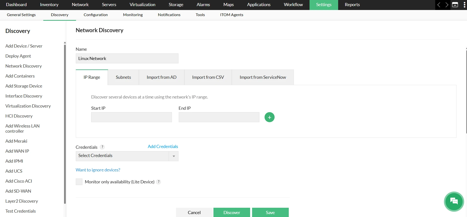 Discovery and monitoring of linux devices with OpManager: Linux network discovery with IP range