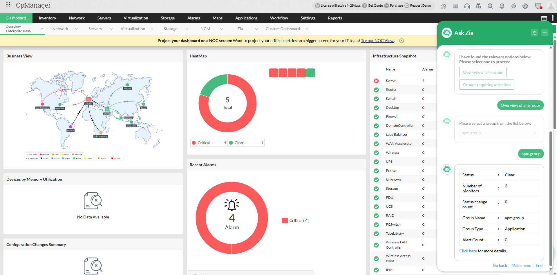 Zia Chatbot in OpManager: Real-time insights