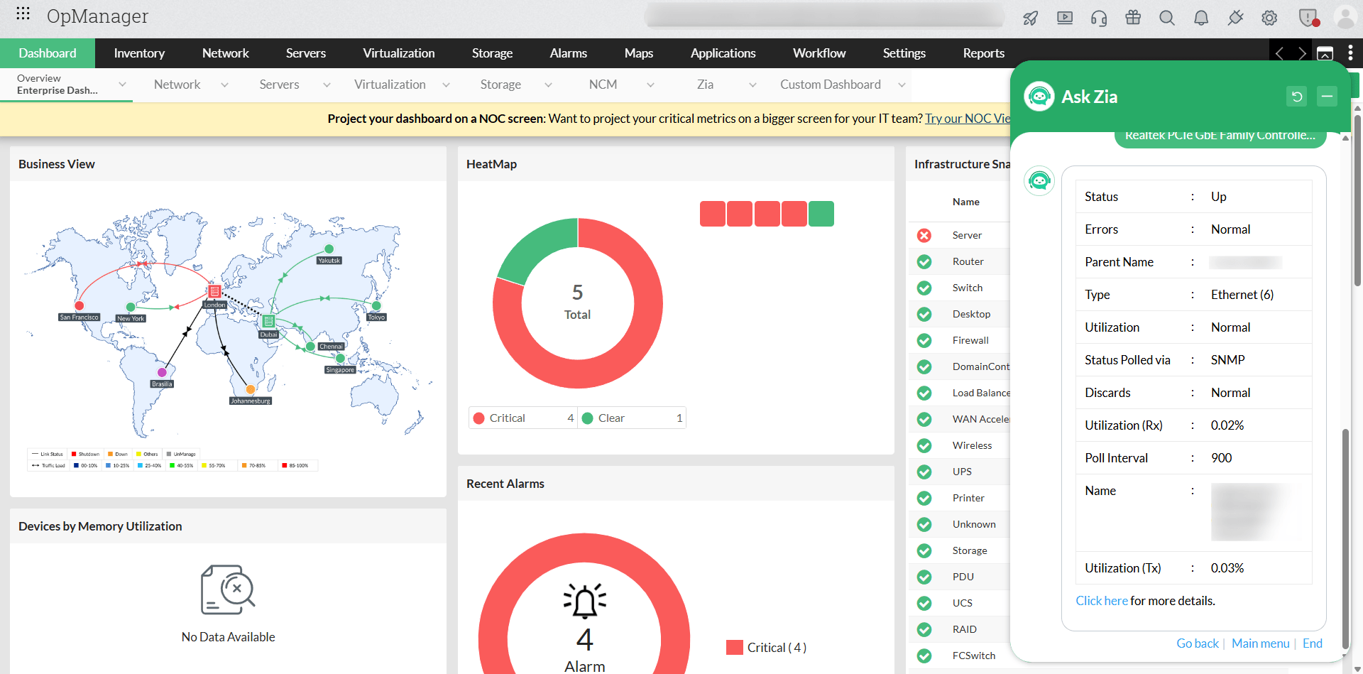 Zia Chatbot in OpManager: Real-time insights