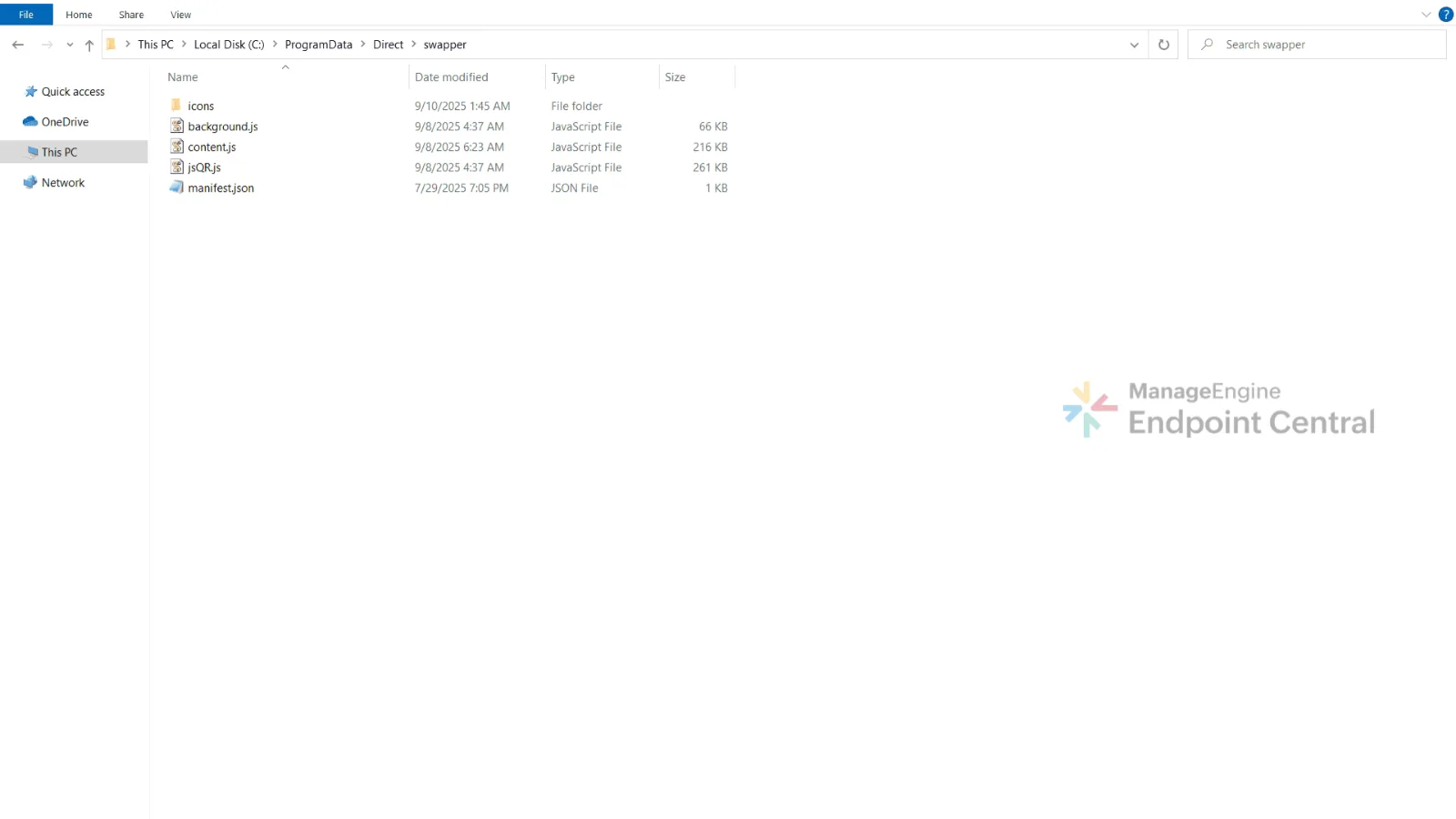 Files inside the swapper extension folder: background.js, content.js, jsQR.js, and manifest.json