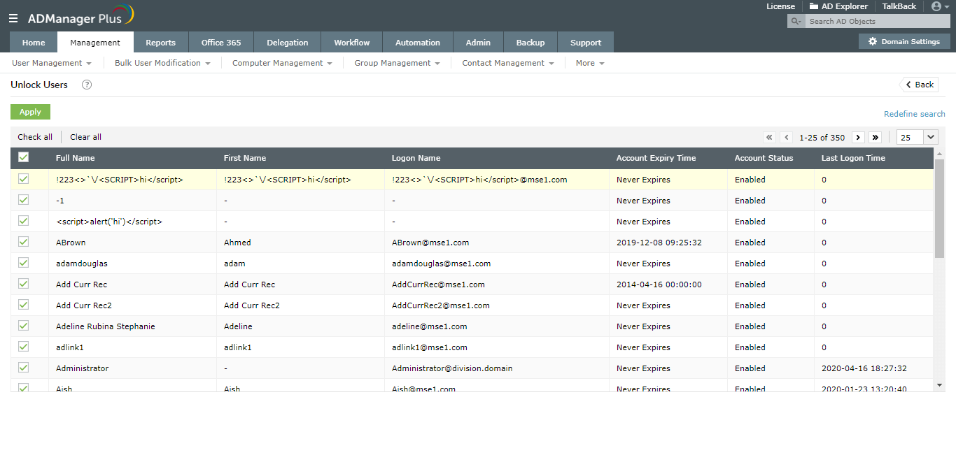 Desbloquear uma conta do Active Directory usando o ADManager Plus