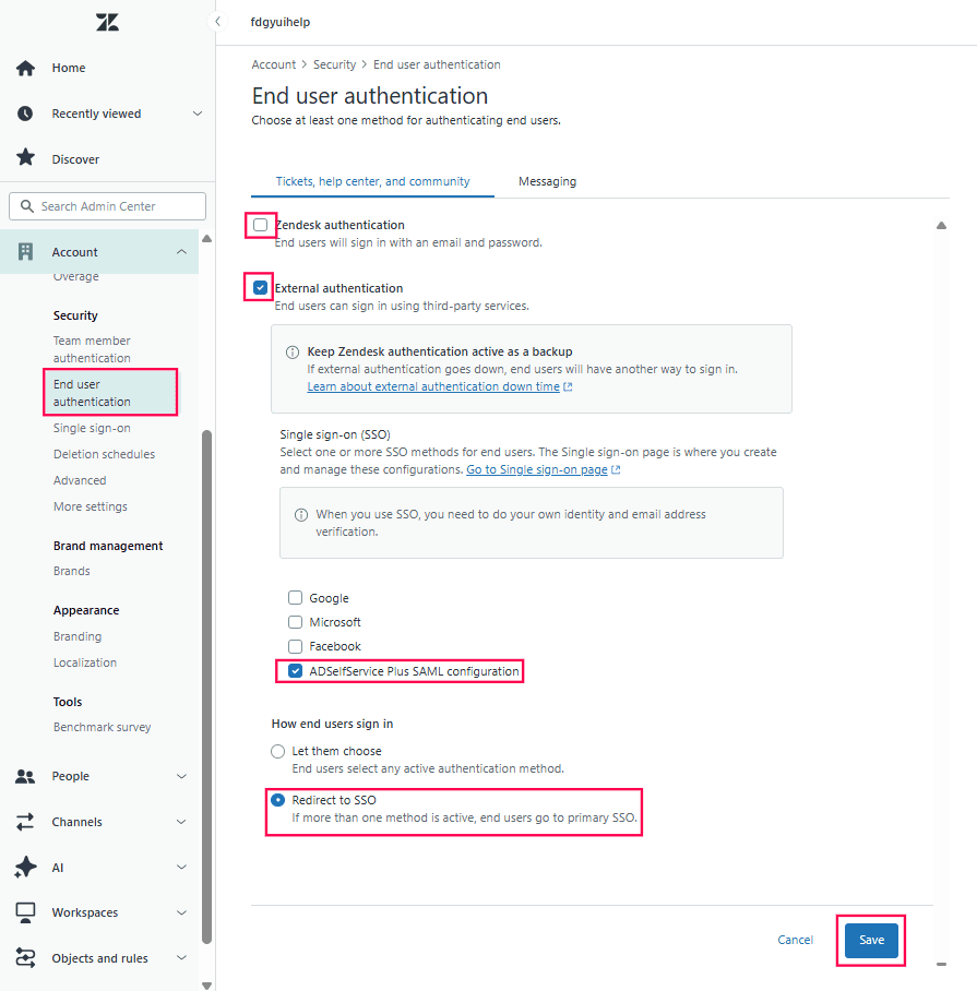 Autenticação de usuário final do Zendesk para ADSelfService Plus