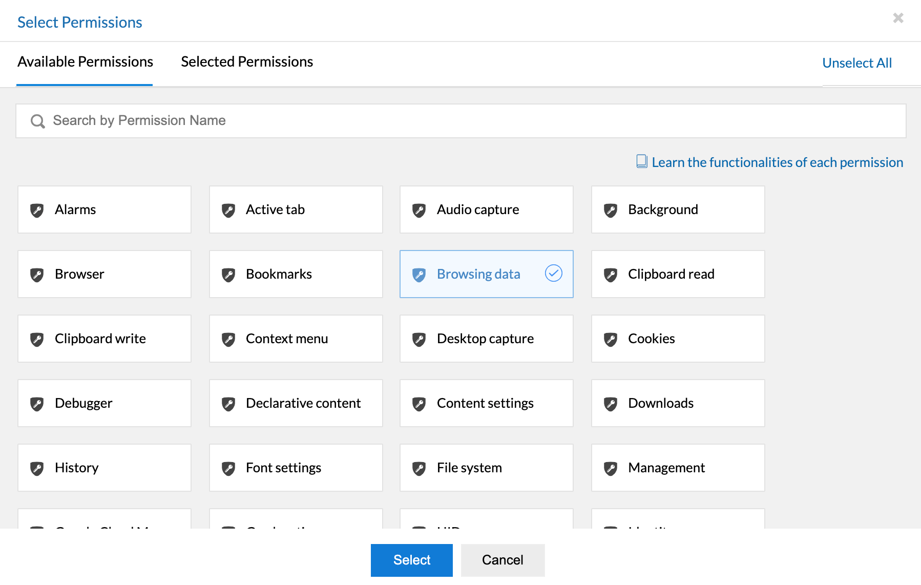 Select permissions to be blacklisted from users' machines.