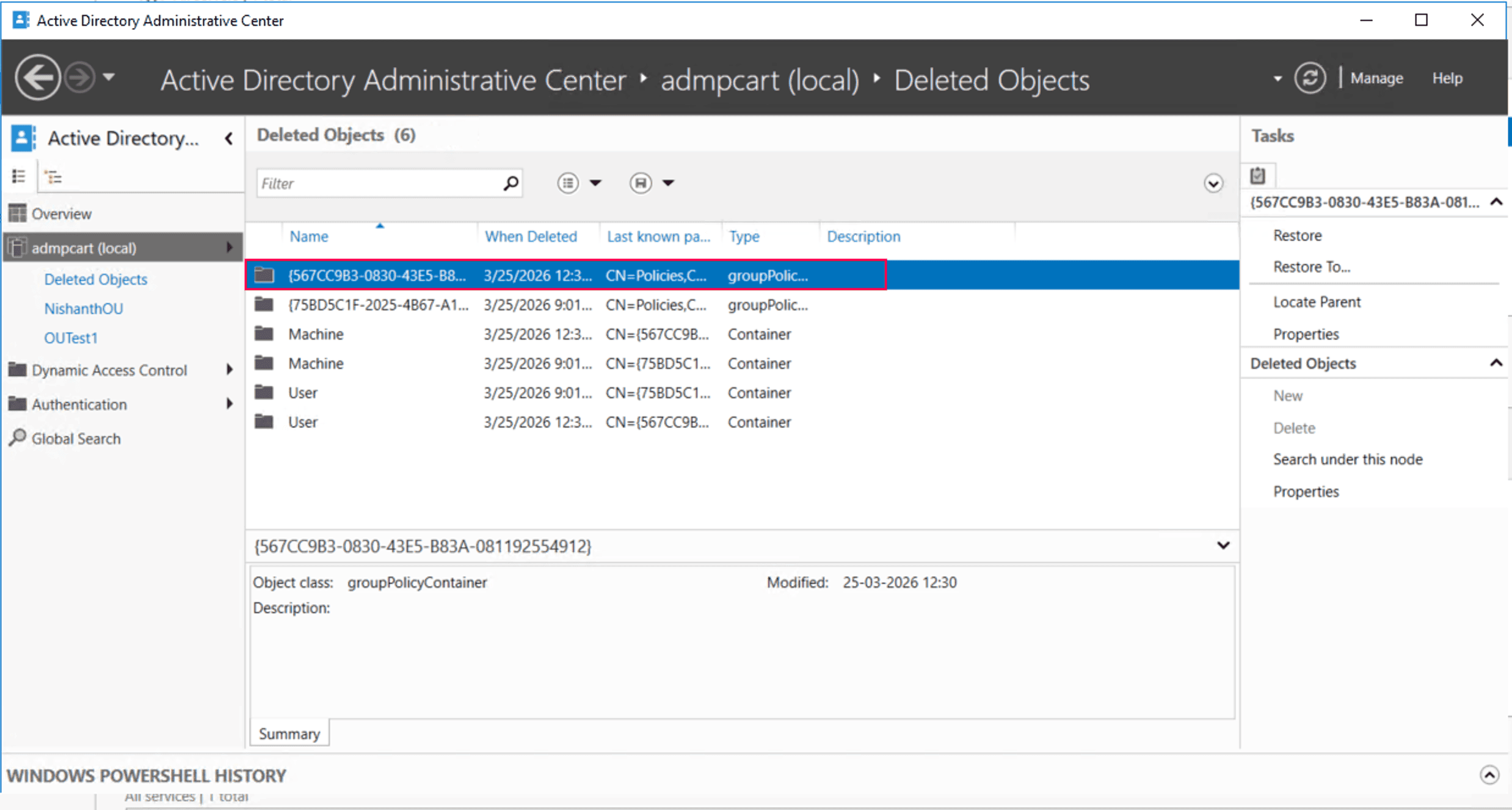 Searching for a deleted GPO in the Deleted Objects container