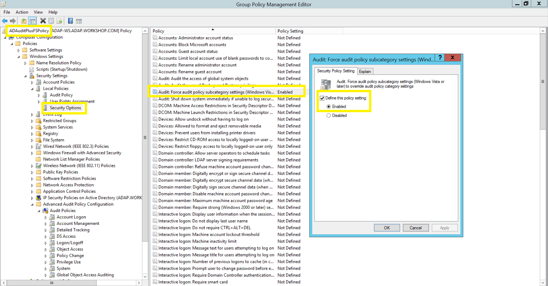 Force advanced audit policies
