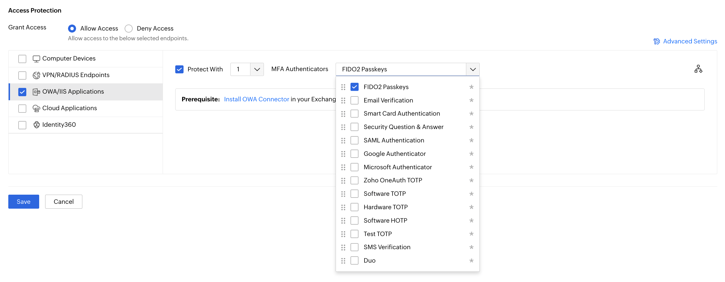 Supported authentication methods in Identity Access for OWA.