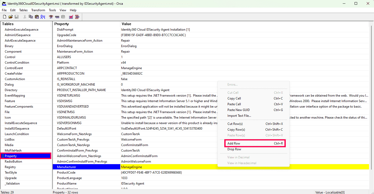 Fig 1: Adding a row to the Property table in Orca.