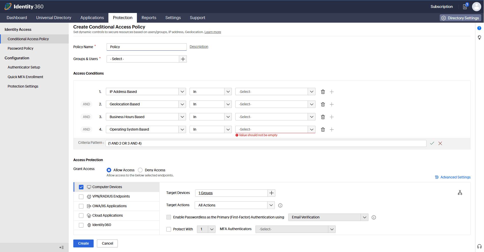 Identity Access conditional access policy configured with IP address, geolocation, business hours, and OS-based access conditions