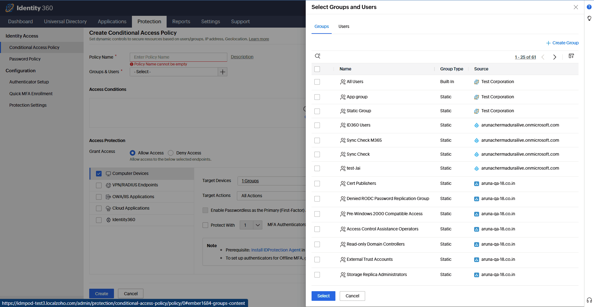 Identity Access select groups and users panel for assigning desktop MFA conditional access policies to specific user groups