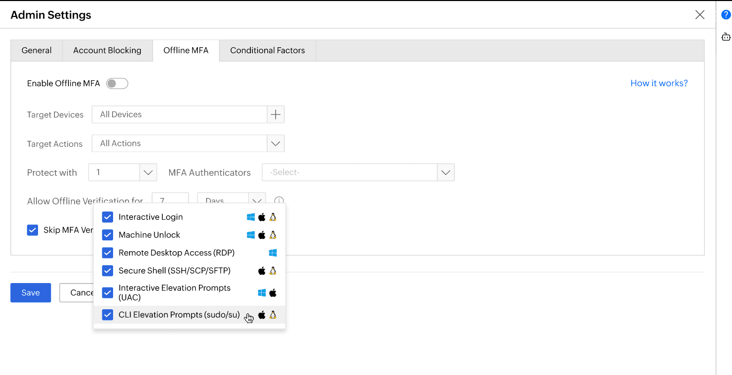 Identity Access offline MFA target actions dropdown showing supported login types across Windows, macOS, and Linux endpoints