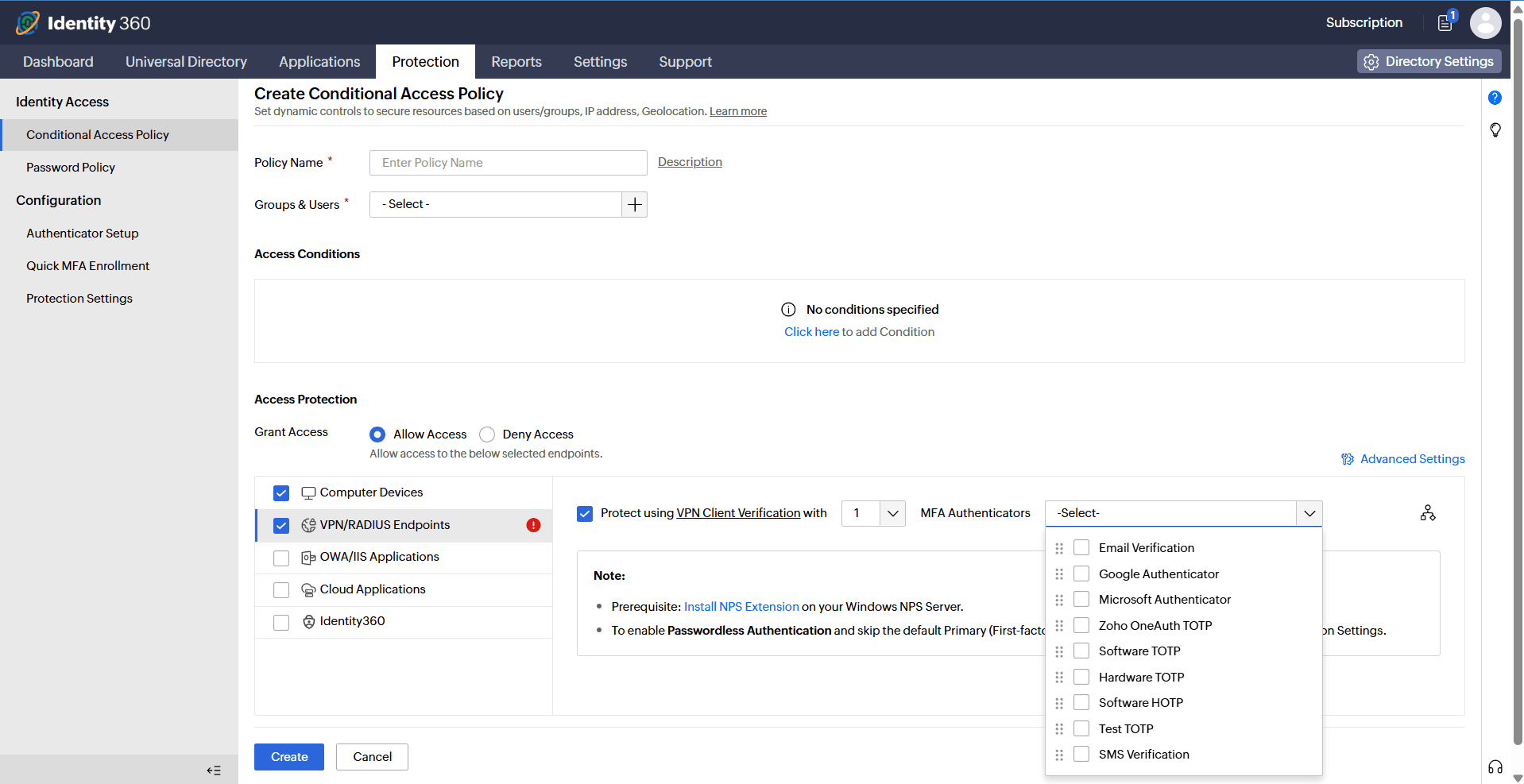 Identity Access Conditional Access Policy interface showing VPN Client Verification configuration with supported authenticators