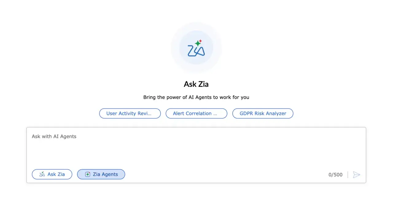 Ask Zia displays an AI agent invoked from the chat interface to perform a security analysis task.