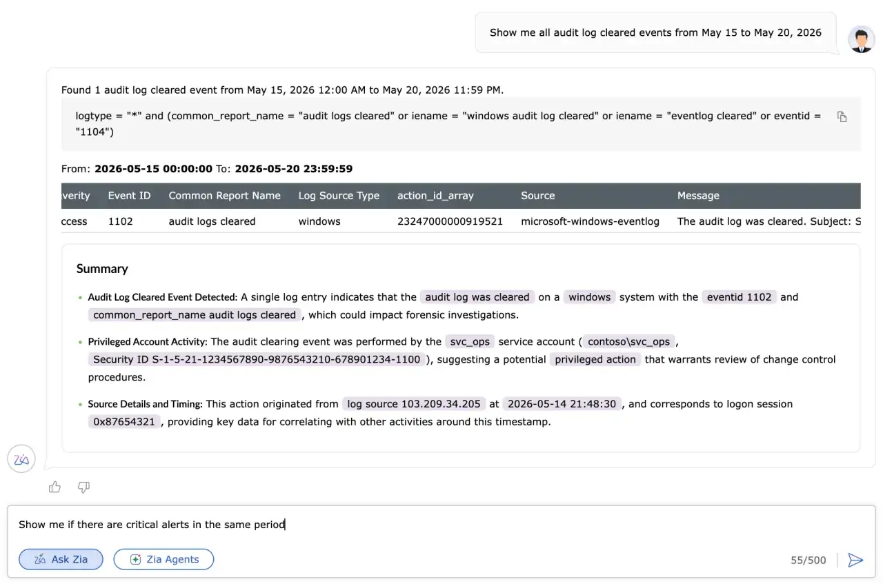 Natural language query with the corresponding security log and alert results in Log360 SIEM.